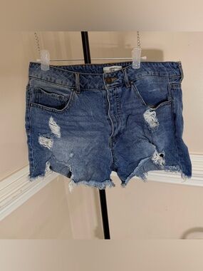 Forever 21 Ripped High-Rise Denim Shorts - Medium Blue